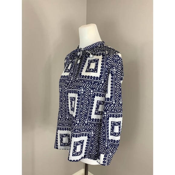 Vintage 70s Bold Geo Graphic Blue White PUS8Y Bow Lilac Mood Style Buttons ~SZ M - Picture 5 of 13